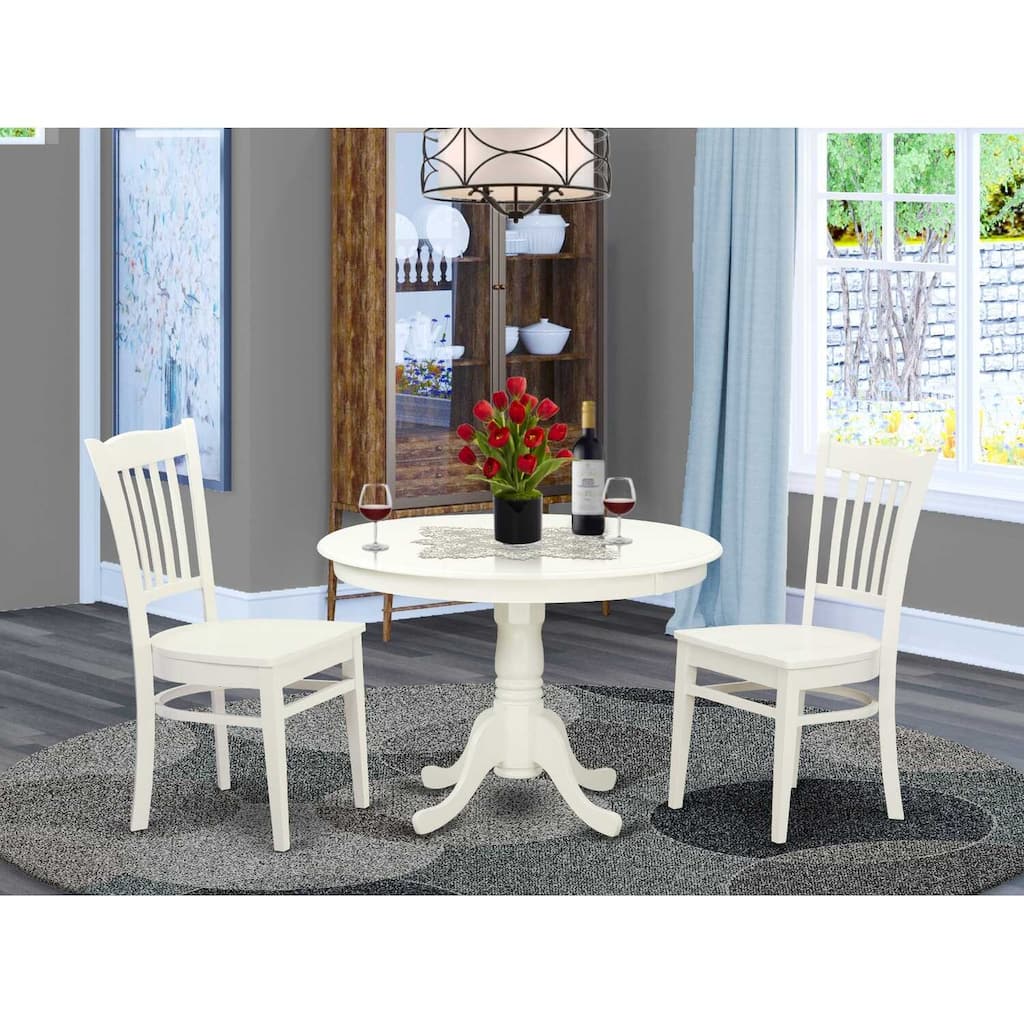 3-Piece Linen White Finish Solid Wood Top - Round Dining Room Set - Seats 4