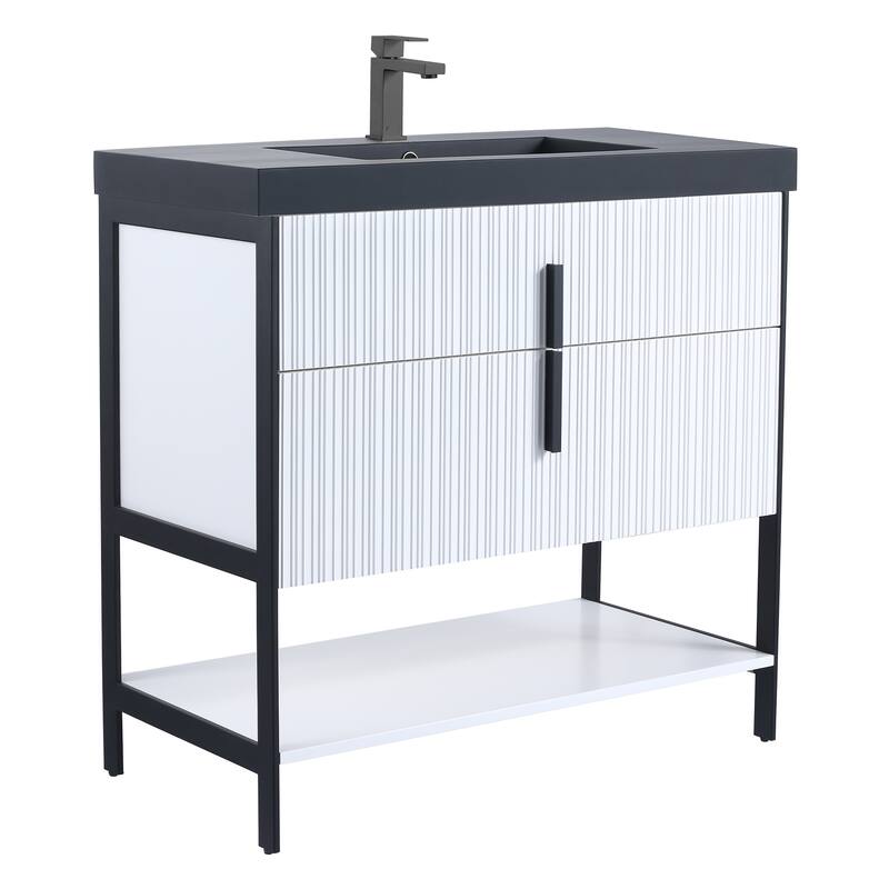 Fine Fixtures Serenity Modern Bathroom Vanity with Black Gel Acrylic Top - White Matte - Black Hardware - 36 inch