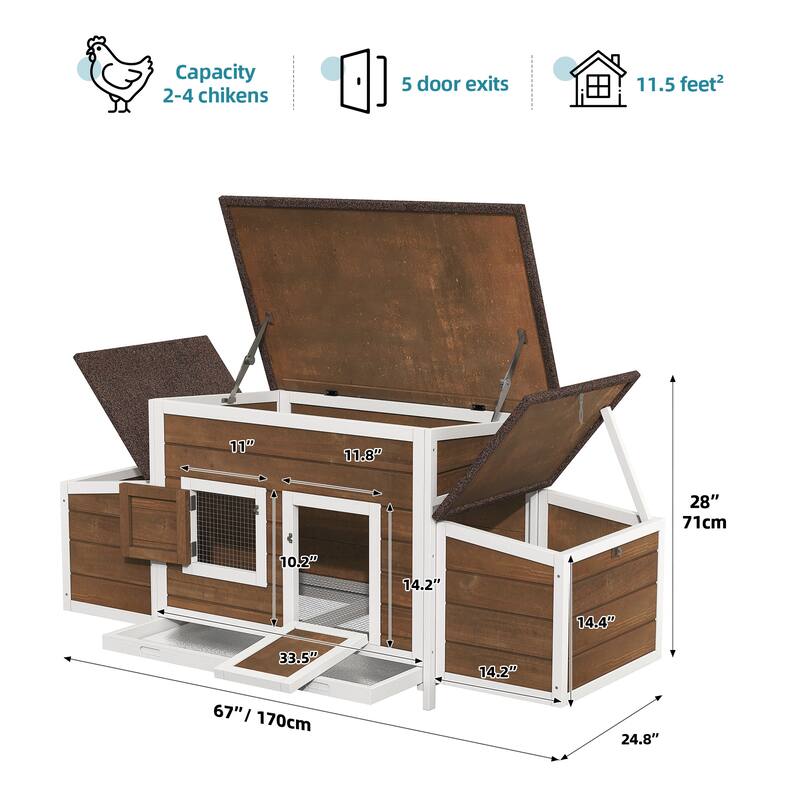 Outdoor Wooden Chicken Coop Hen House with Nesting Box and Run Poultry Cage-66.92"L x 24.8"W x 27.95"H - Brown