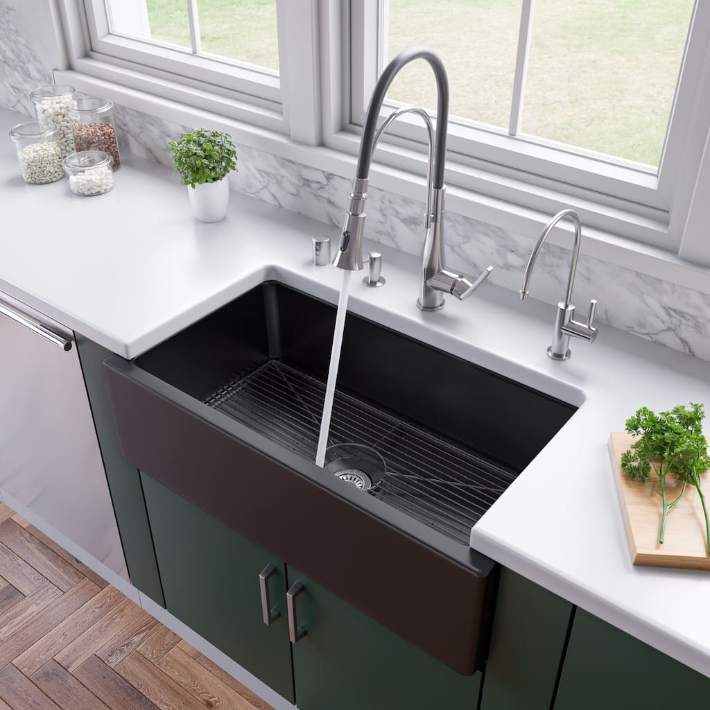 ALFI brand Modern 33" x 18" Reversible Fluted / Smooth Rectangular Fireclay Farm Sink - Black Gloss