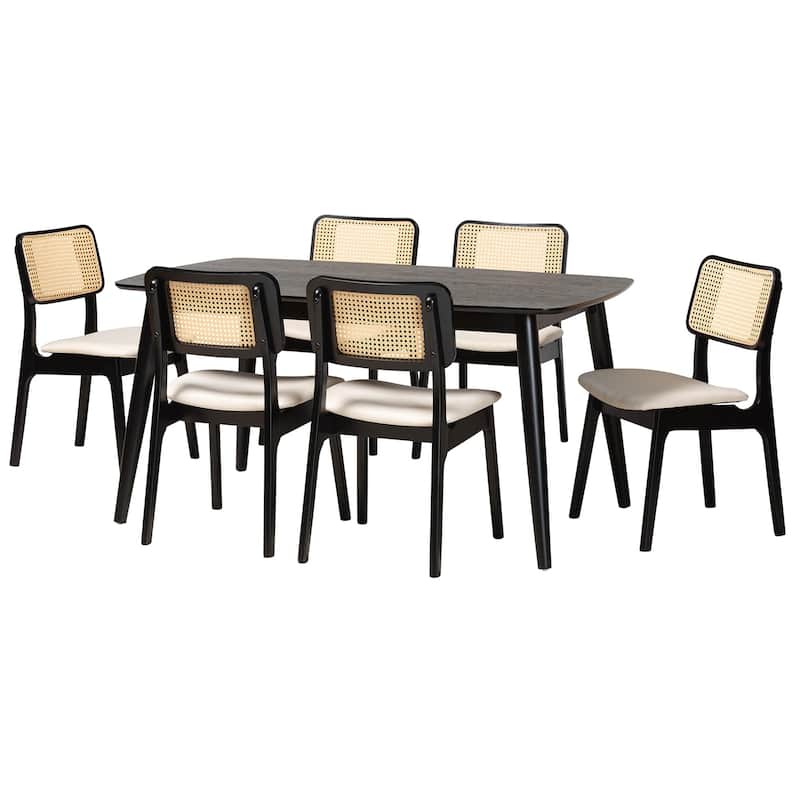 Dannon Mid-Century Modern Fabric and Finished Wood Dining Set - Cream, Black, Light Brown - 7-Piece