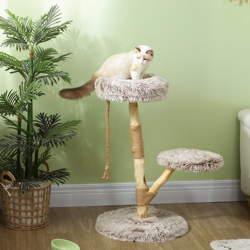 PawHut 35 Inch Moden Cat Tree Tower with Wooden Scratching Post, Brown - Brown