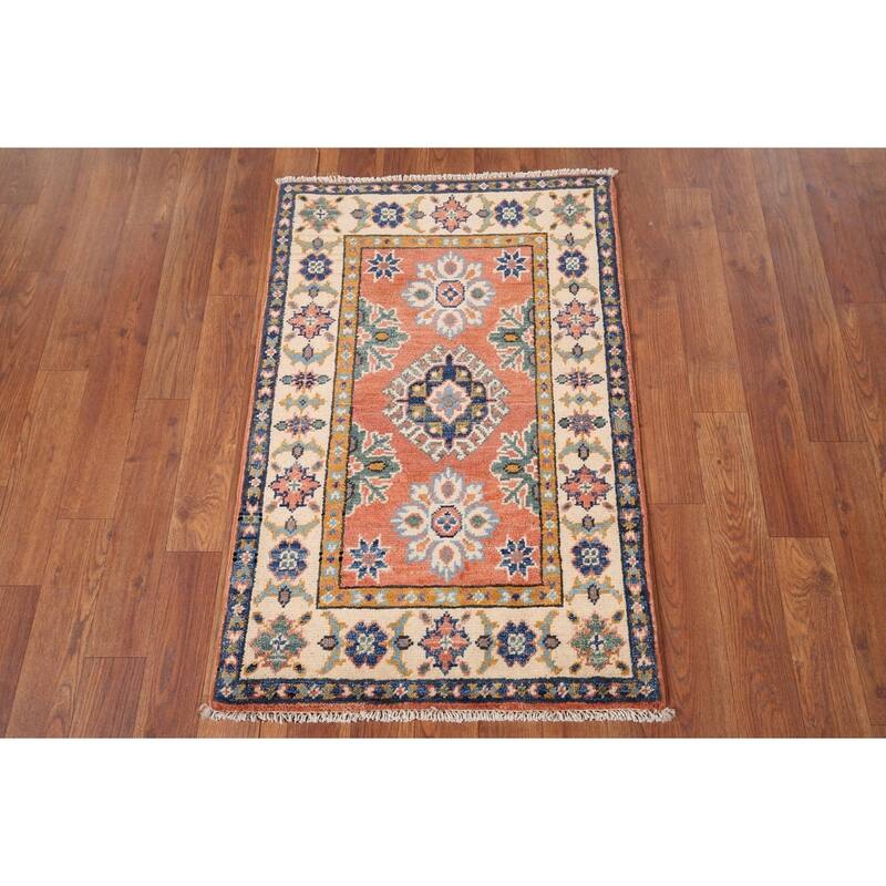 Geometric Kazak Accent Rug Handmade Orange Wool Carpet - 2'0" x 3'0"