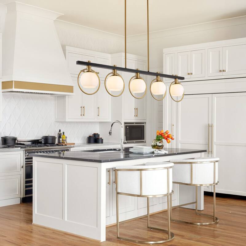 41 Inch Chandelier Light Fixture with Milk Glass Shade -- 5-light