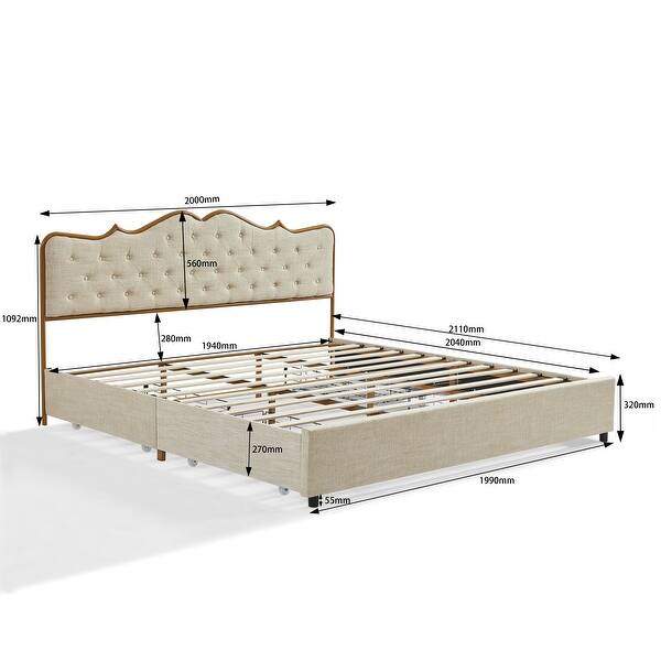 King Size Bed, Classic buckle backrest, metal frame, solid wood ribs ...