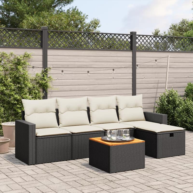 vidaXL Patio Sofa Set with Cushions Outdoor Furniture 6 Piece Poly Rattan - Black and cream 6 Piece Set
