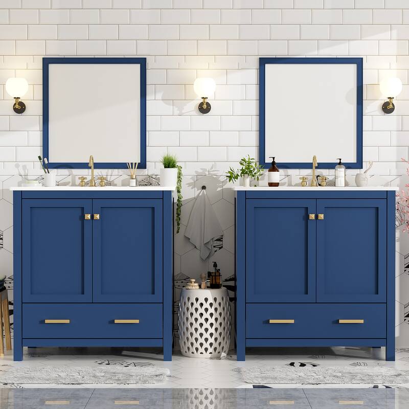60"Bathroom Vanity Set with Double Vanities (Separate), Double Ceramic Sinks, Storage Shelf, and Divided Drawers