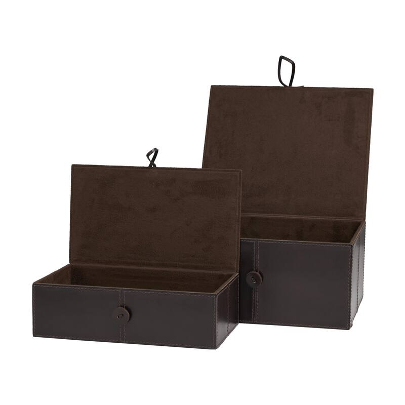Leather Handmade Decorative Box with Hinged Lid - Set of 2 Gray, Brown, Dark Brown, Gold, Silver - Roche River Decor