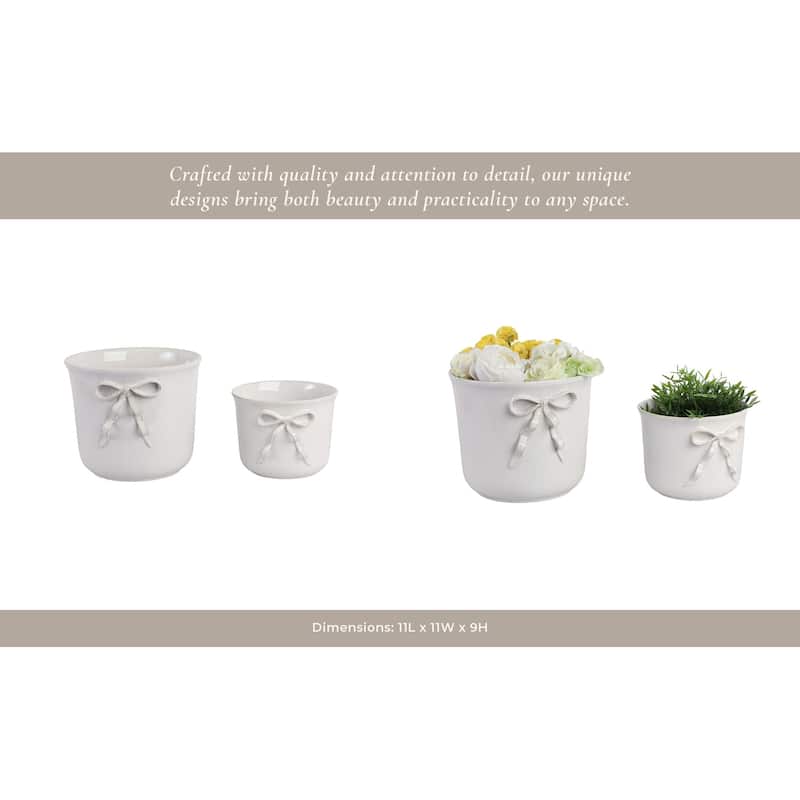 Stoneware Planters Decorative Bow Accent (Set of 2) - 9", 7" White - 11" x 11" x 9"