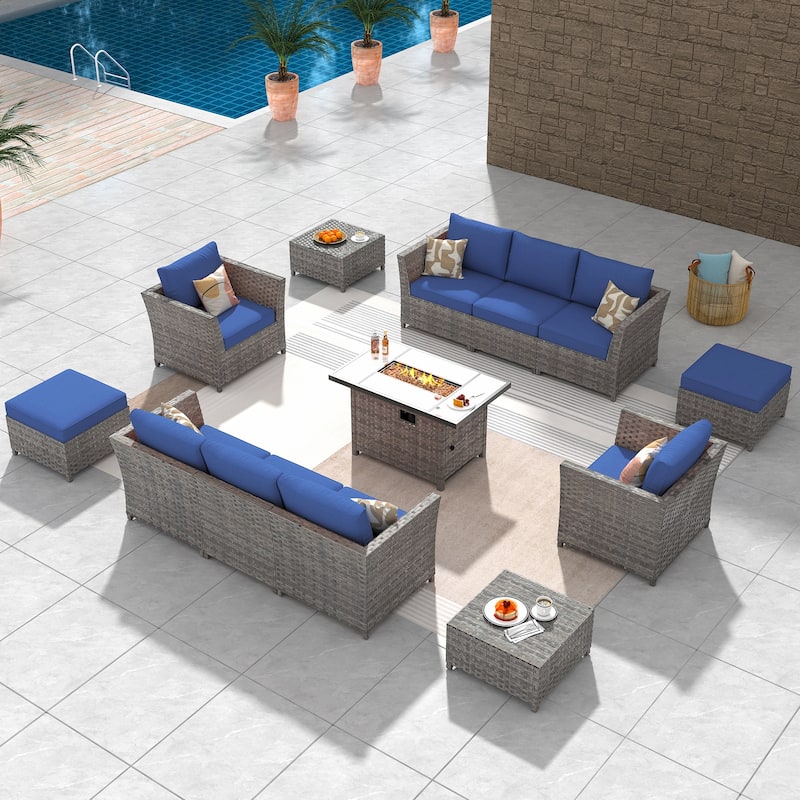 HOOOWOOO 13-piece Grey Wicker Patio Furniture Outdoor Sectional Set with Fire Pit - Navy Blue
