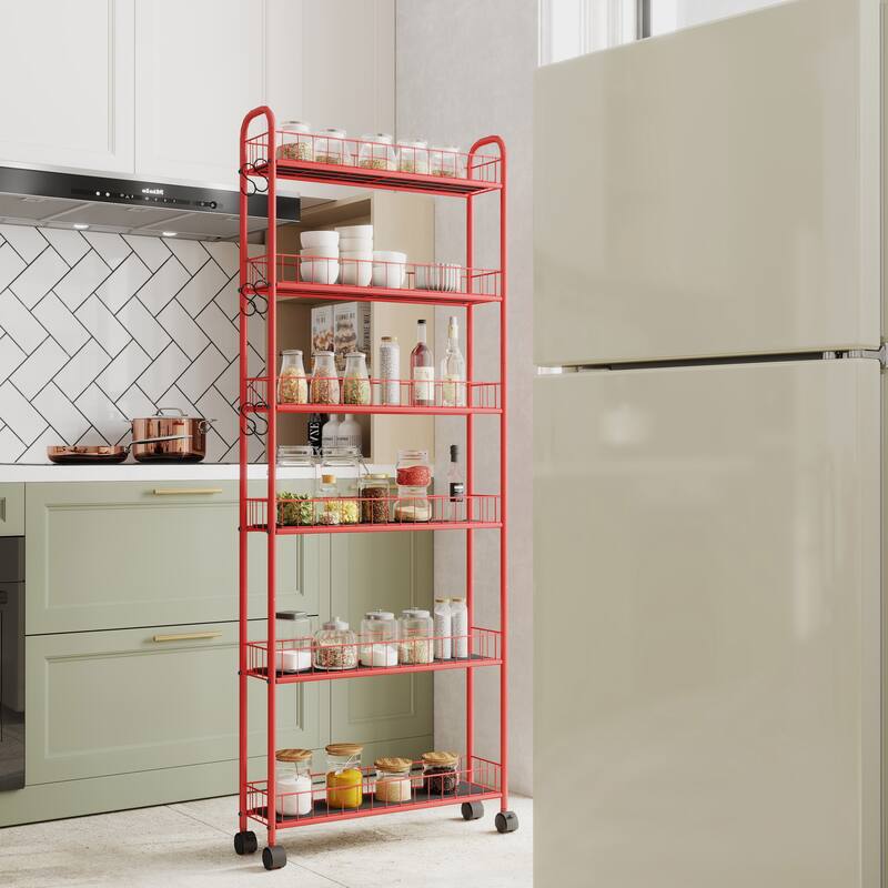 Red 6-Tier Rolling Cart Gap Kitchen Slim Slide Out Storage Tower Rack With Wheels(no include stool)