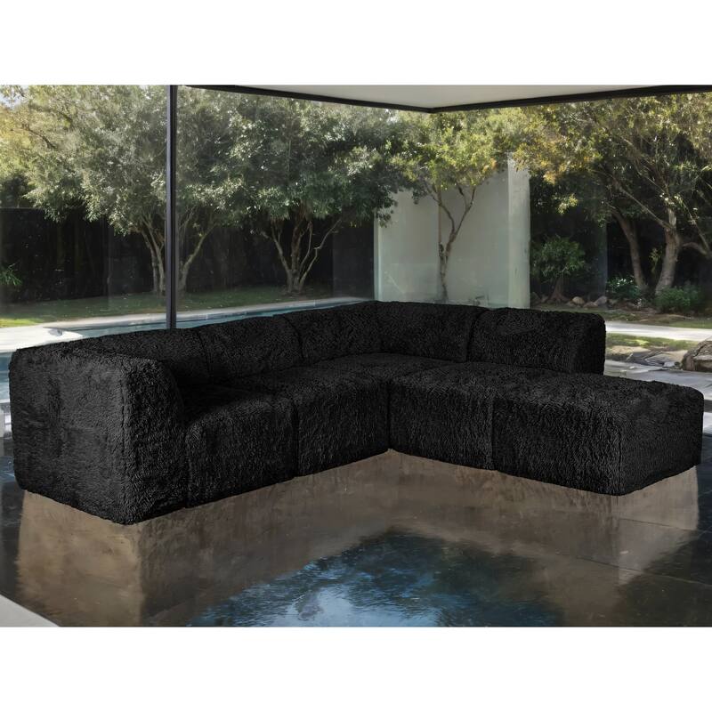 Furniture of America Ylena Modern 5-Piece Faux Fur Foam Modular Compressed Sectional Sofa with Ottoman - Black