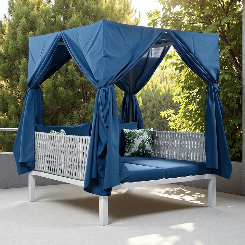 Outdoor Patio Rattan Canopy Daybed Sunbed with Curtain and Woven Rope Arm