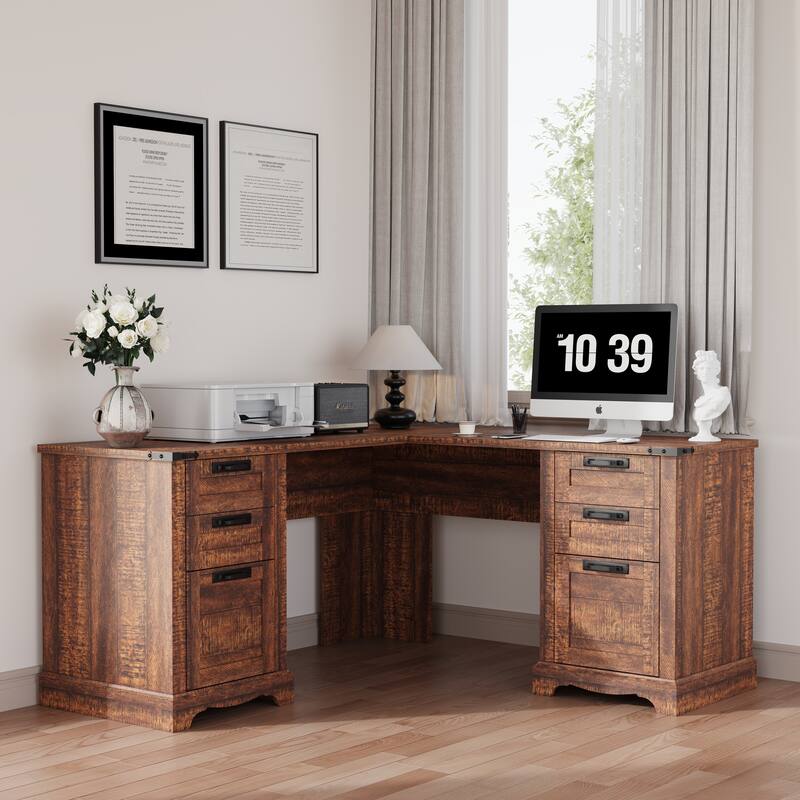 L Shaped Desk, Wood Office Desk with Charging Station, File Drawer - Brown