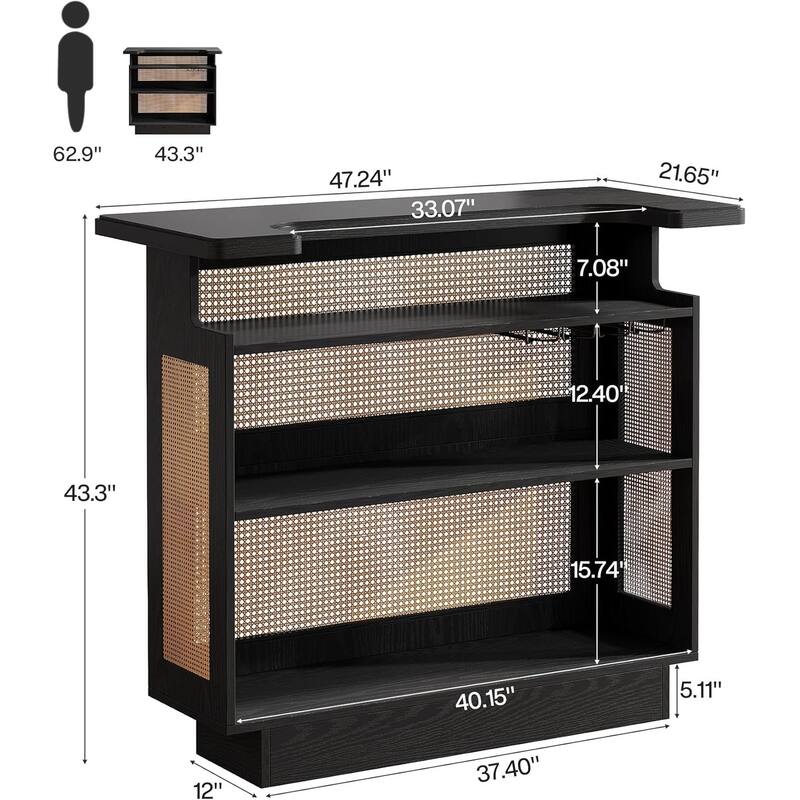 Rattan Home Bar Unit, Farmhouse 4-Tier Bar Table with 4 Stemware Racks
