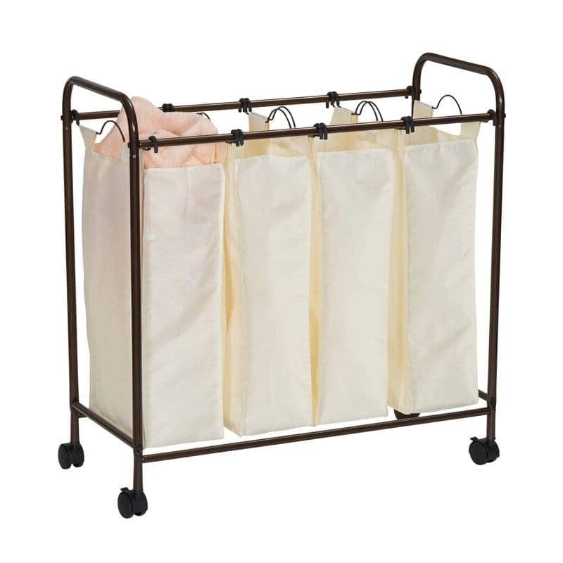 White-Brown Steel Frame Laundry Sorter with 4 Polyester Bags and Locking Wheels - 13 x 17.3 x 33.13 (LxWxH)
