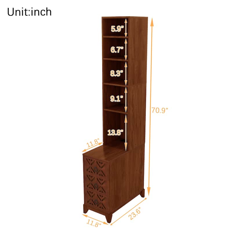 Roomfitters 70.9" Tall End Table, Charging Station Bookshelf with Wooden Frame for Bedroom and Living Room, Walnut