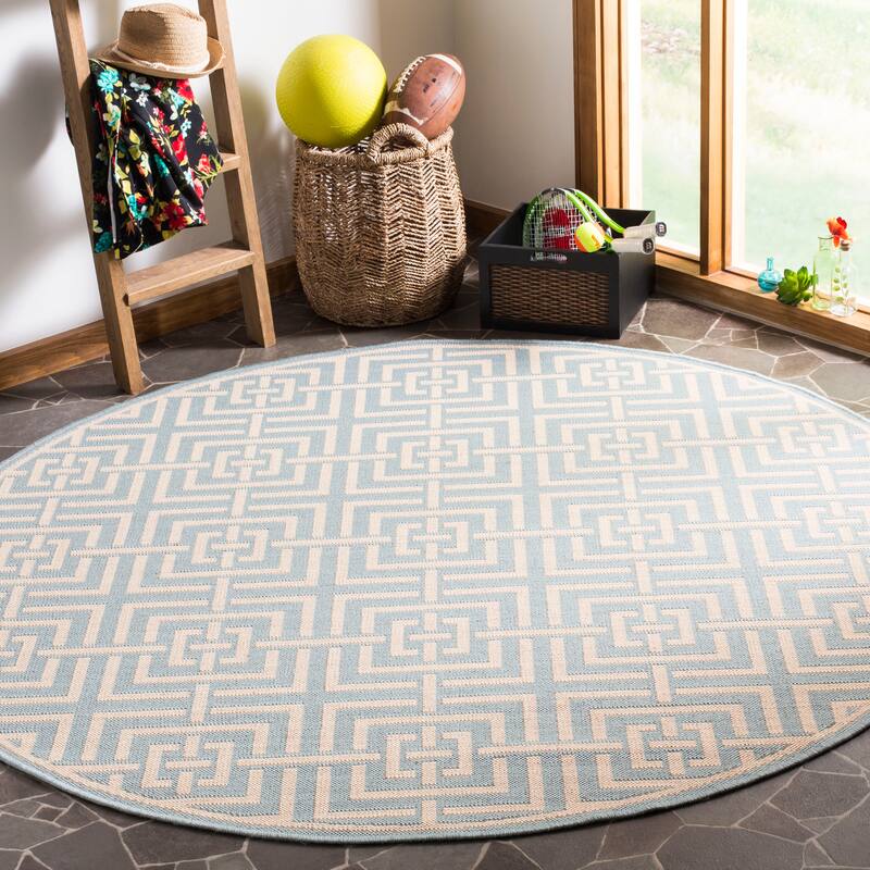 SAFAVIEH Linden Darla Indoor/ Outdoor Waterproof Patio Backyard Rug - 6'7" Round - Aqua/Cream