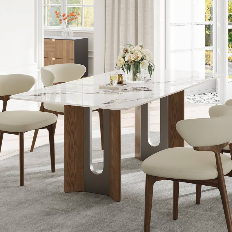 63" Modern Retangular Dining Table With Glossy White Sintered Stone Table Top, Kitchen Table With Stainless Steel Legs For 6
