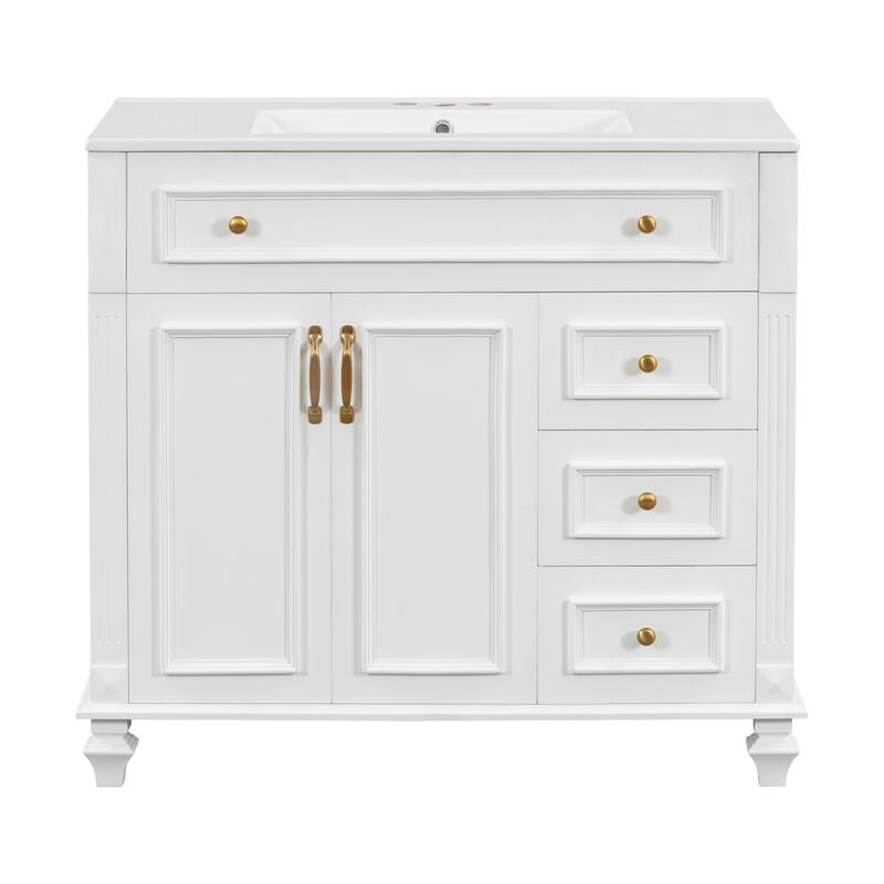 36" Bathroom Vanity with Sink, Storage Vanity Cabinet with Flip-Out Drawer, 3 Drawers, 2 Soft-Close Doors and Gold Handles