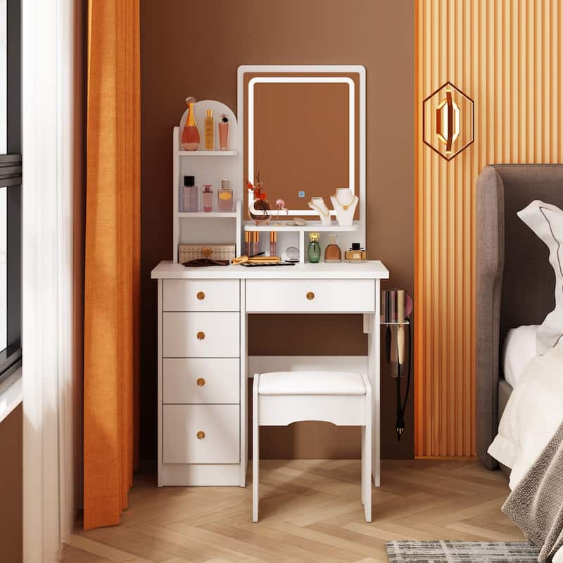 Modern Vanity Desk with Adjustable Mirror Lights and Hair Dryer Shelf