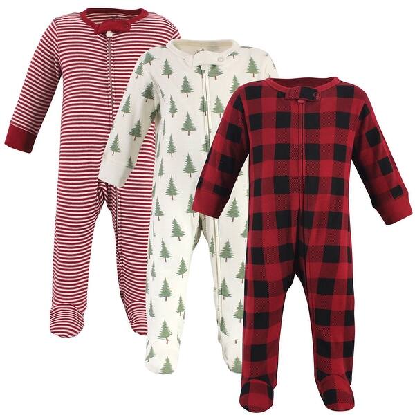 slide 1 of 1, Touched by Nature Baby Organic Cotton Zipper Sleep and Play 3pk, Tree Plaid 0-3 Months - Tree Plaid