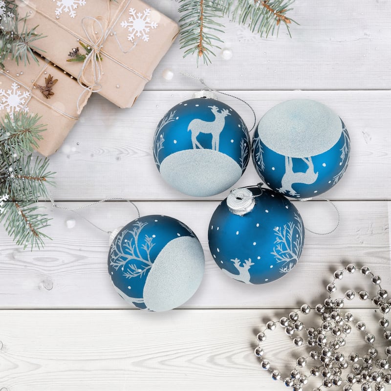Glitter Reindeer Glass Ball Christmas Ornaments - 3" - Blue - 4ct