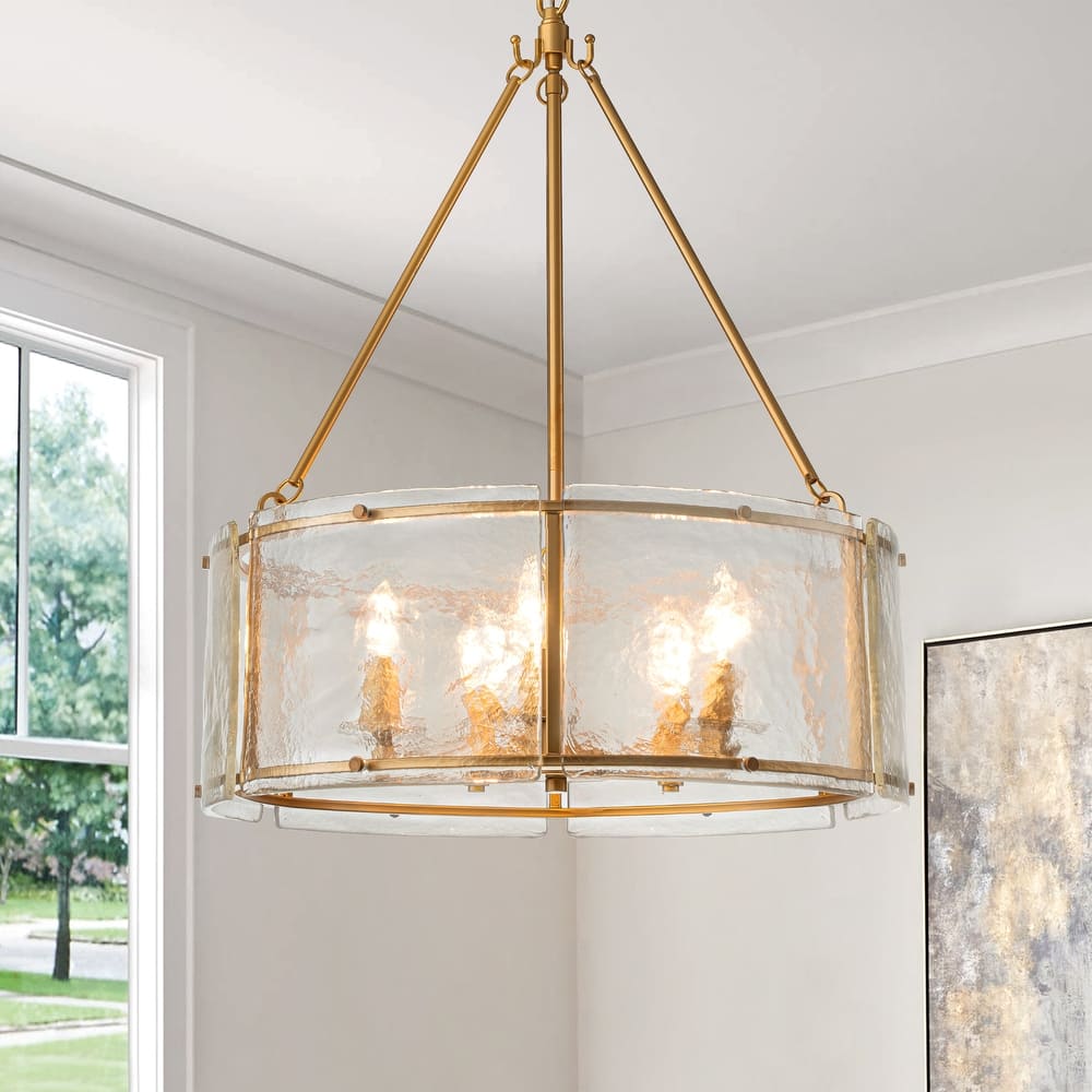Modern 5-Light 20.5" Lantern Drum Chandelier Water Ripple Glass Pendant for Dining Room