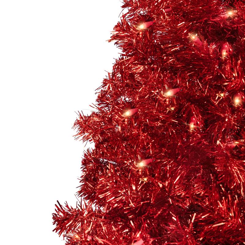 Pre-Lit Artificial Tinsel Christmas Tree - 9' - Red - Clear Lights - 9 Foot