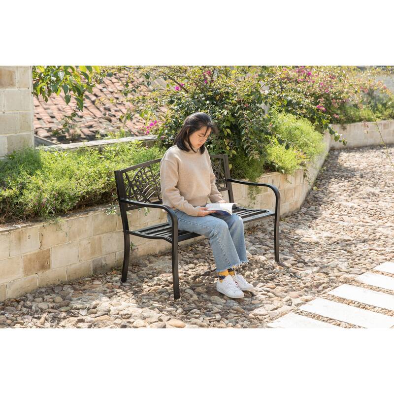 Steel Outdoor Patio Garden Park Seating Bench with Cast Iron "Patriotic American Flag and Eagle" Backrest, Front Porch Bench