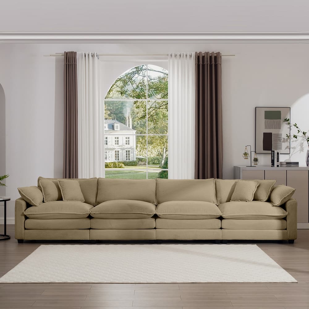 Corduroy Fabric Sectional Sofa Set with Seat Cushions and Pillows, 4 Seater Upholstered Sofa with Removable Armrests