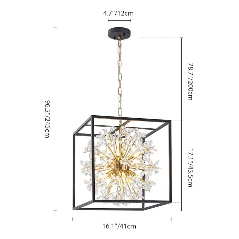 10-Light Modern Black Square Caged Chandelier Sputnik Gold Crystal Chandelier for Living/Dining Room - 16.1 in. W x 17.1 in. H