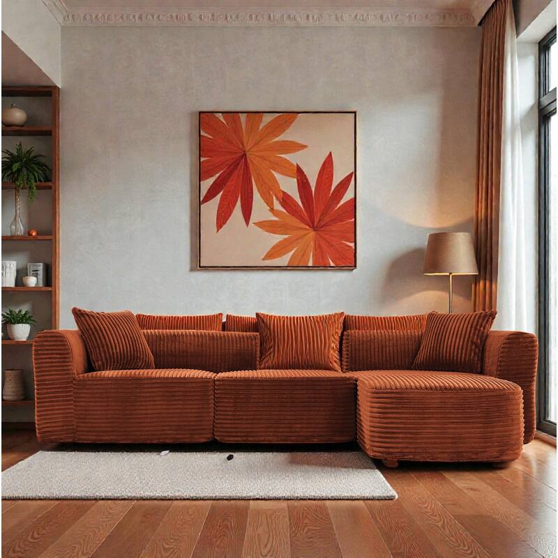114" Cloud Sectional Couch with L Shape Chaise, Modular Corduroy Sofa with Movable Ottoman, No Assembly