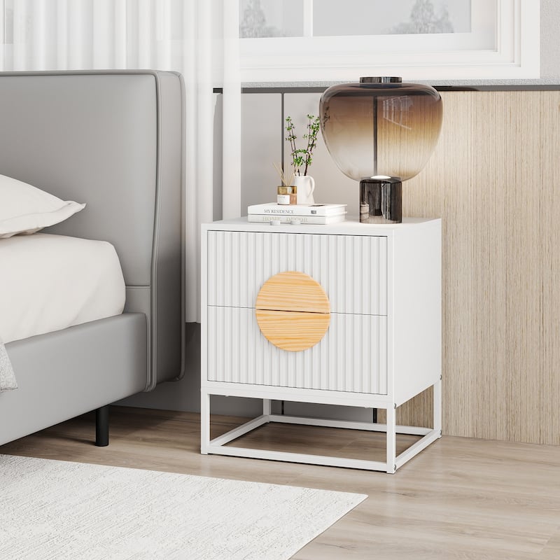 Modern Wooden Fluted Nightstand with 2 Storage Drawers and Metal Base for Bedroom