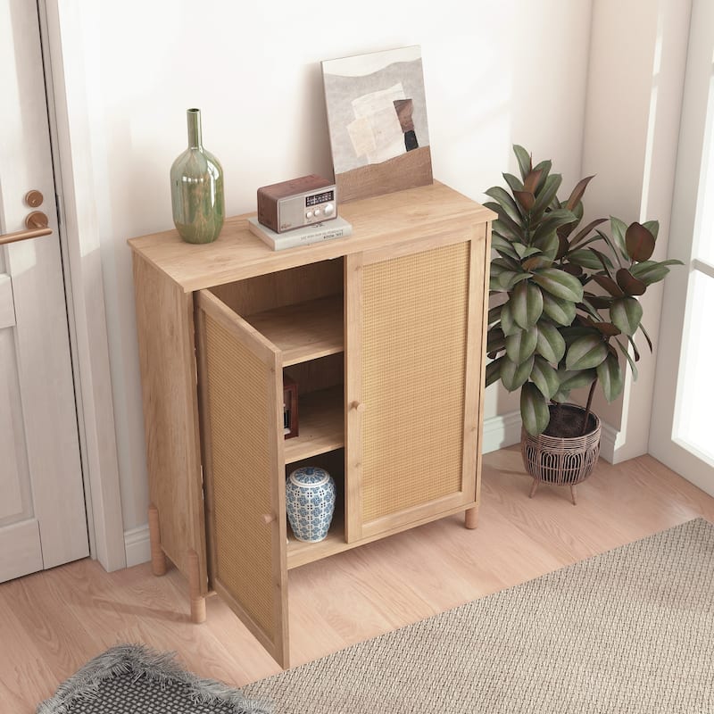 Anmytek Light Wood Rattan Double Door Storage Cabinet Space-Saving Boho Accent Cabinet