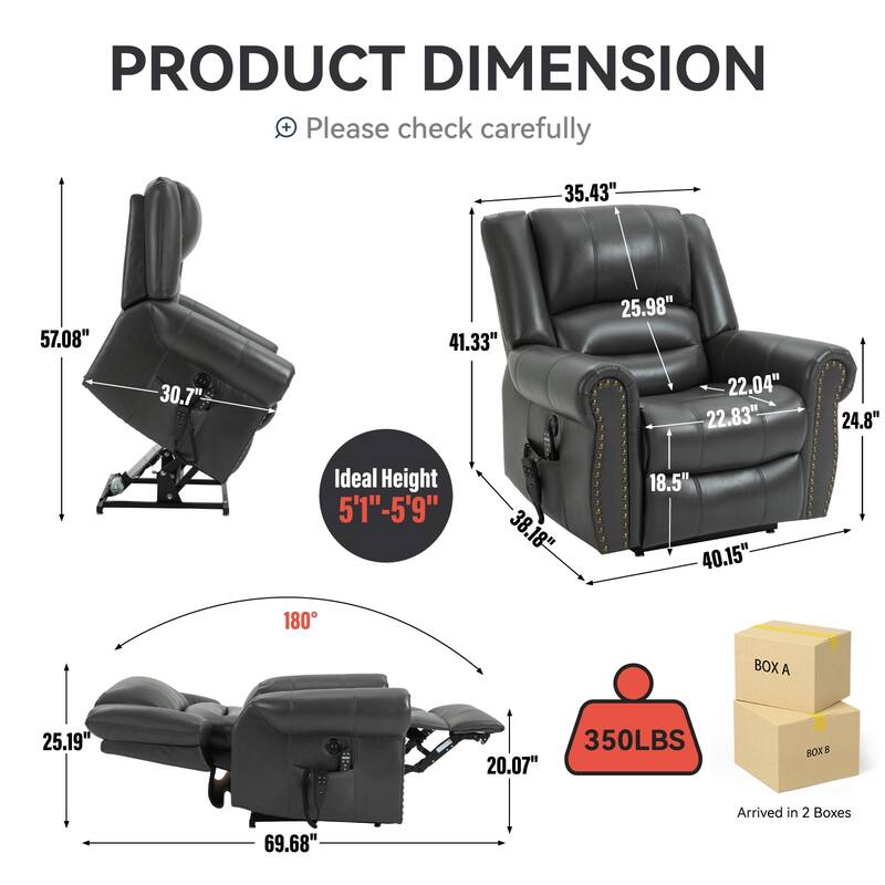 40.15" Electric Lift Recliner Heated Massage with USB Port