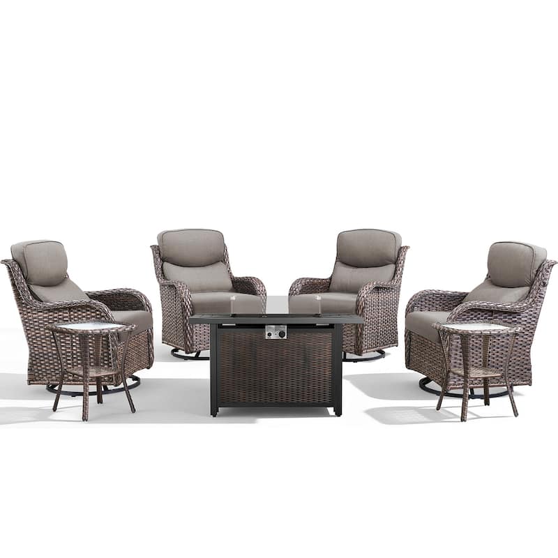 Meyreso 7-Piece Outdoor Patio Wicker Fire Pit 4 person Conversation Set with 5-Inch Thick Cushions