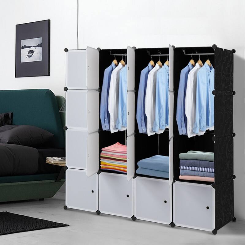 16 Cube Organizer Stackable Plastic Cube Storage Shelves Design with Hanging Rod