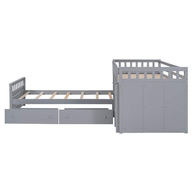Gray Twin Size Solid Wood L-shaped Loft Bed with Drawers