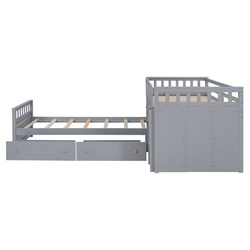 L-shaped Space-Saving Twin Loft and Twin Platform Bed with 7 Drawers and Full Guardrails