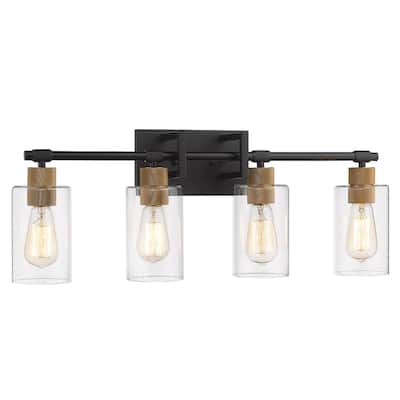 4-Light Bathroom Vanity Light ,Black and Antique Gold Finish with Clear Glass Shade - N/A