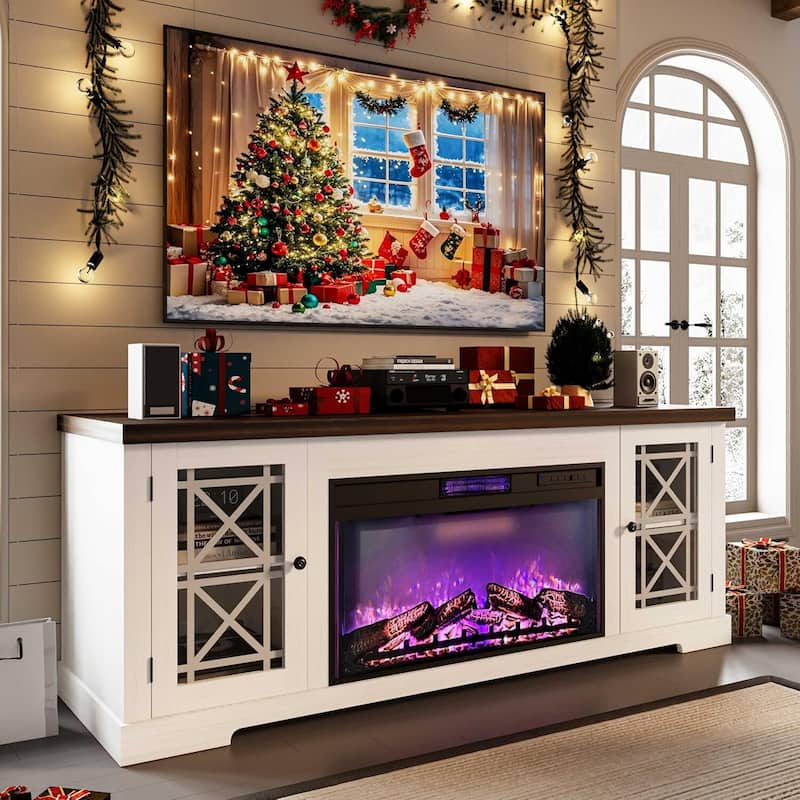 Modern Entertainment Center 70" Fireplace TV Stand with 36" Electric Fireplace - White