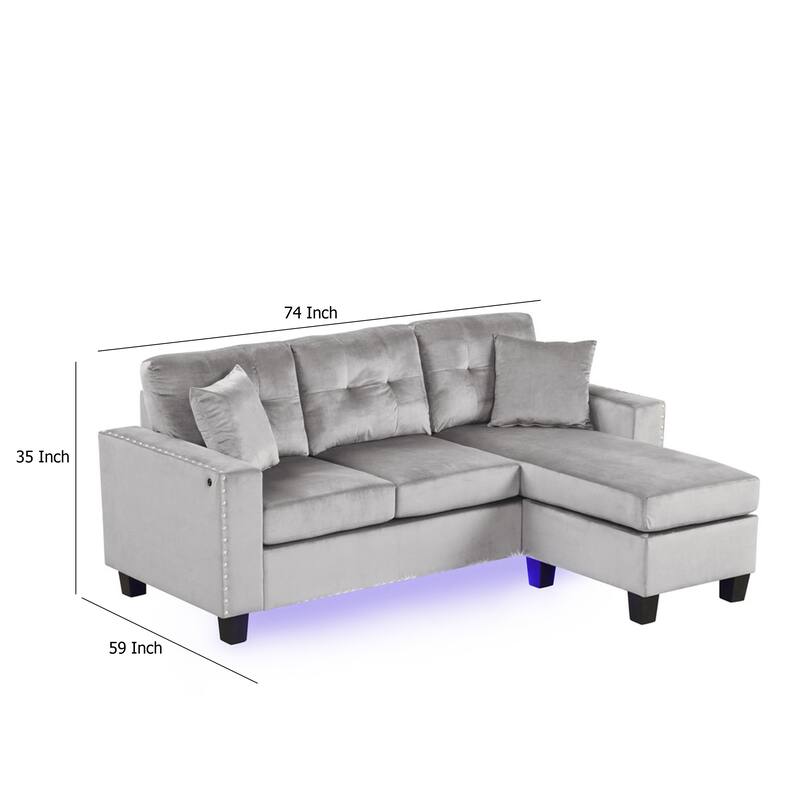 Renza 74 Inch Reversible Sectional Sofa w Chaise, LED USB, Gray Velvet
