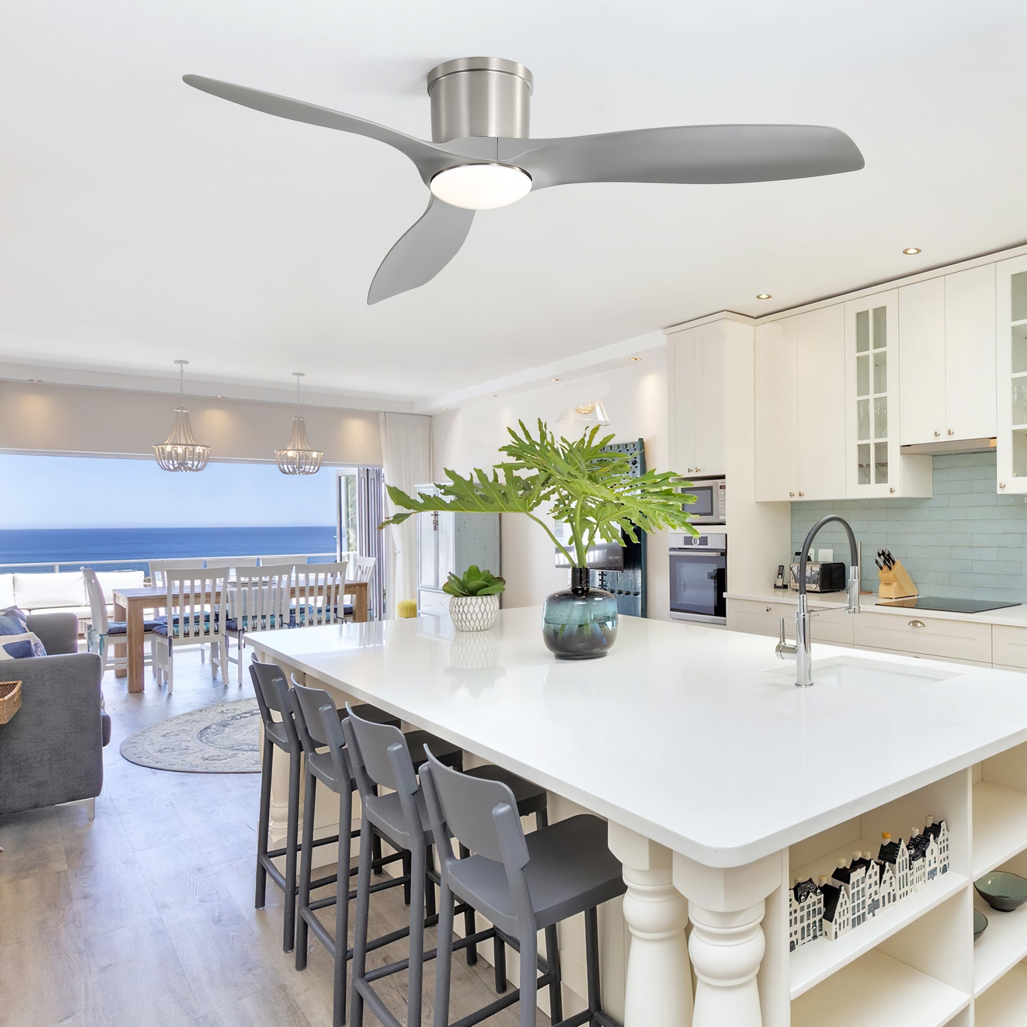 52 Inch Flush Mount Ceiling Fan With Dimmable Led Light 3 Abs Fan Blades Reversible Dc Motor - 52inch