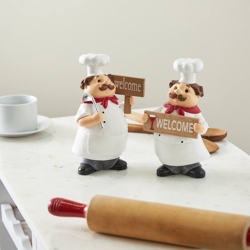 Polystone Chef Kitchen Decorative Figurine Sculpture with Welcome Signs - Set of 2 White - Roche River Decor