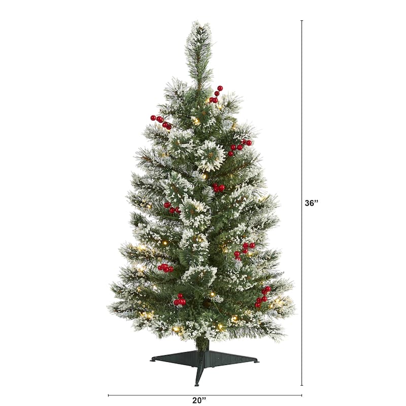 3’ Pre-Lit Medium Frosted Swiss Pine with Berries Christmas Tree, Warm Clear LED Lights - 3 Foot
