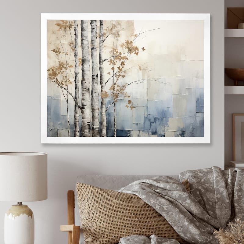 Designart "Blue And White Forest Winter Harmony" Forest Framed Wall Art Living Room