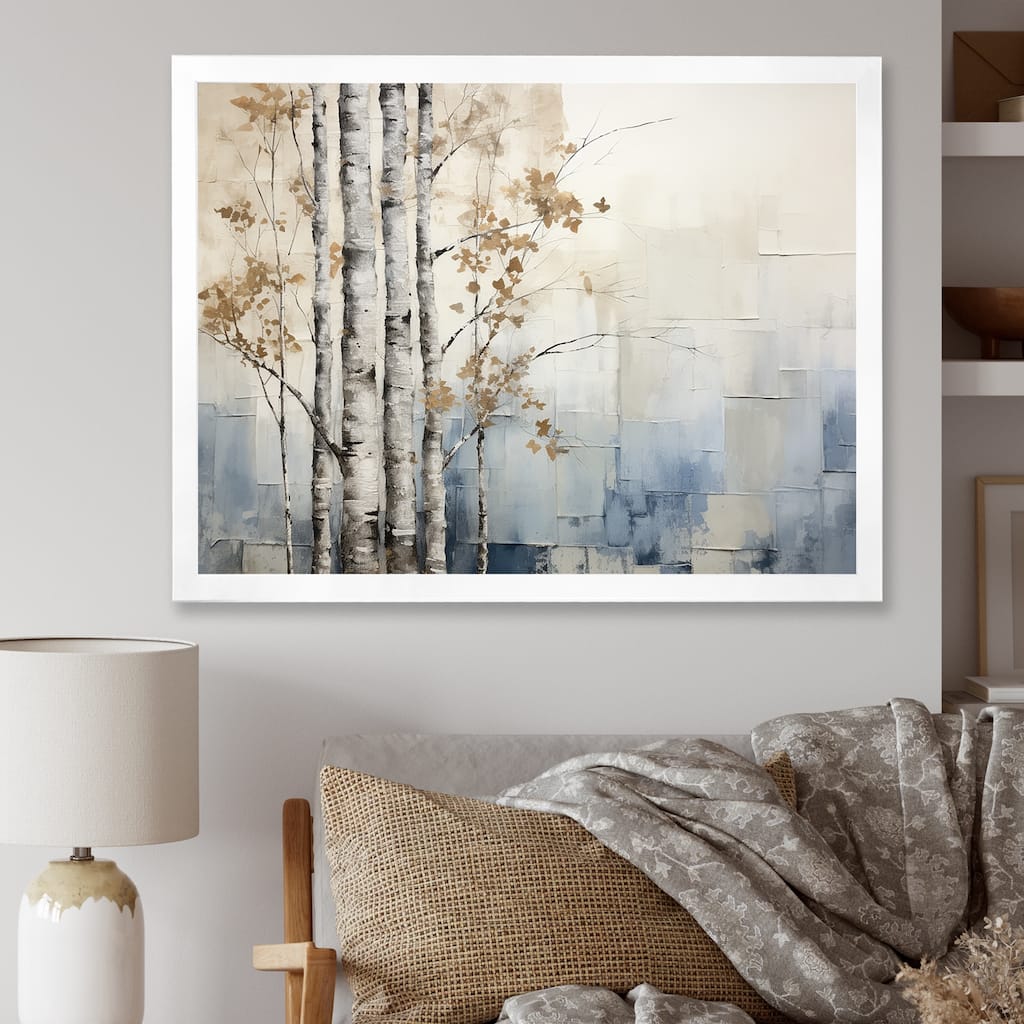 Designart "Blue And White Forest Winter Harmony" Forest Framed Wall Art Living Room