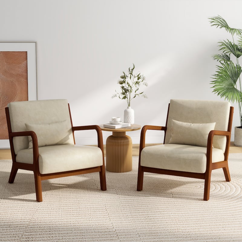 2 Set Mid Century ModernUpholstered Accent Chairs Armchair with Pillow - Dark Wood - Cream & PU & Side Frame
