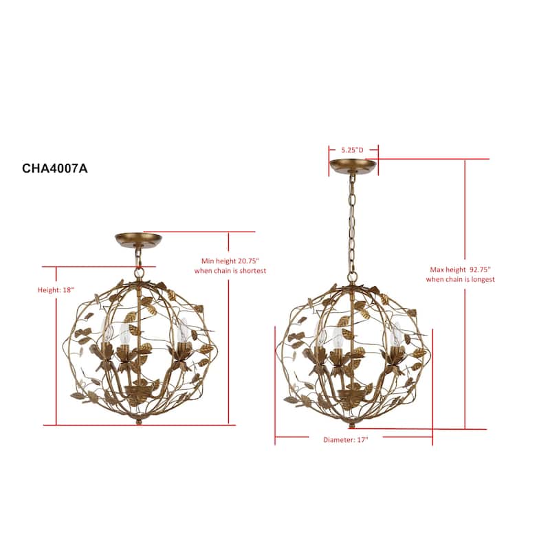 SAFAVIEH Lighting Austen Adjustable 3-light LED Gold Leaf Cage Chandelier - 17" x 17" x 20.75-92.75"